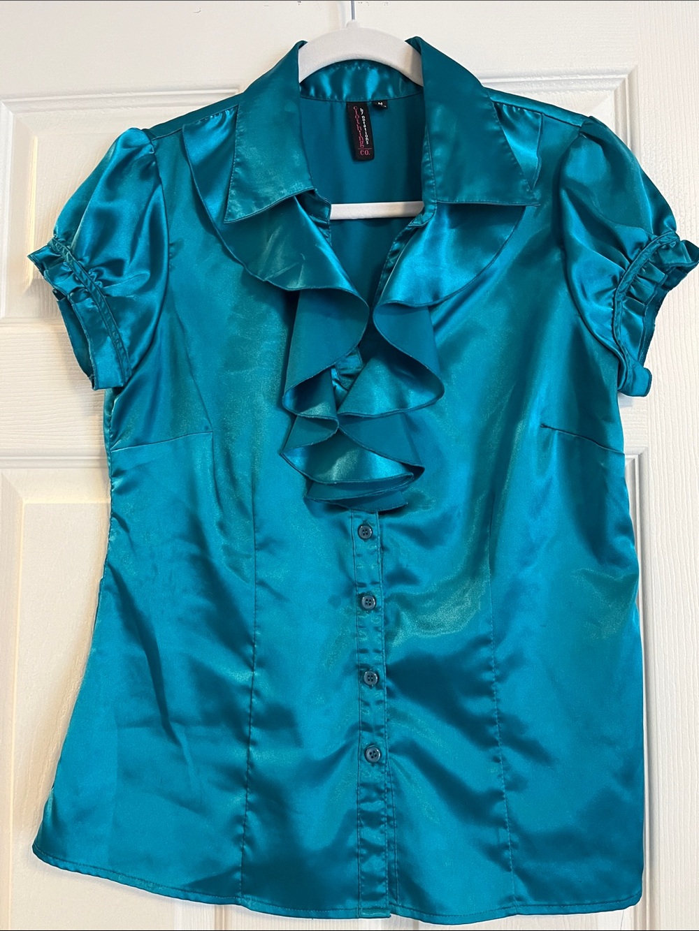 Satin Ruffle Front Blouse - Teal